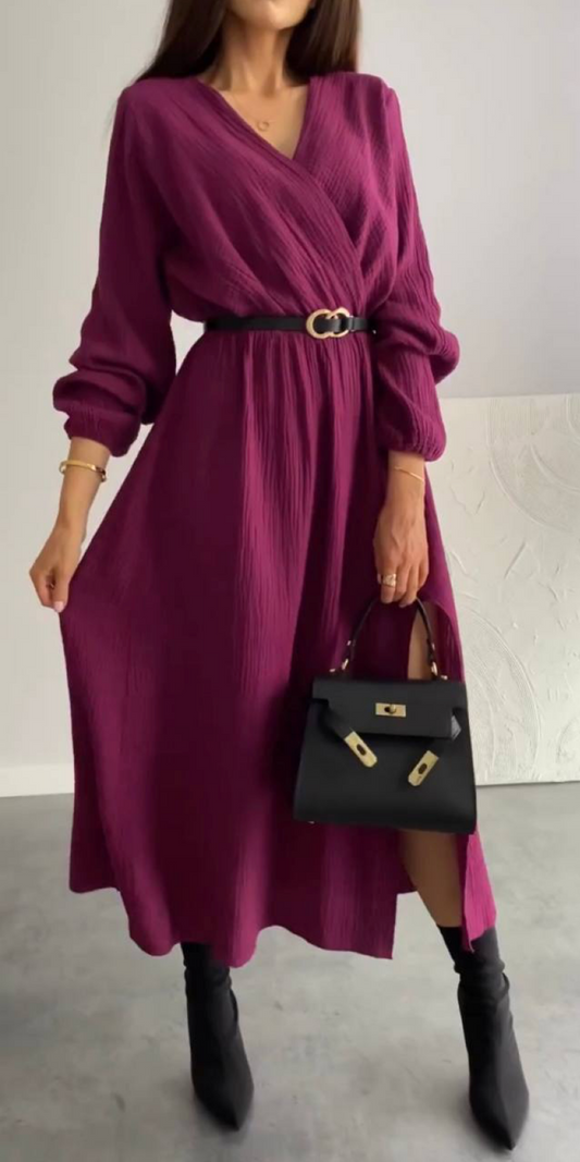 Rose - Vestido Largo Corte Pico con Cinturón de Piel